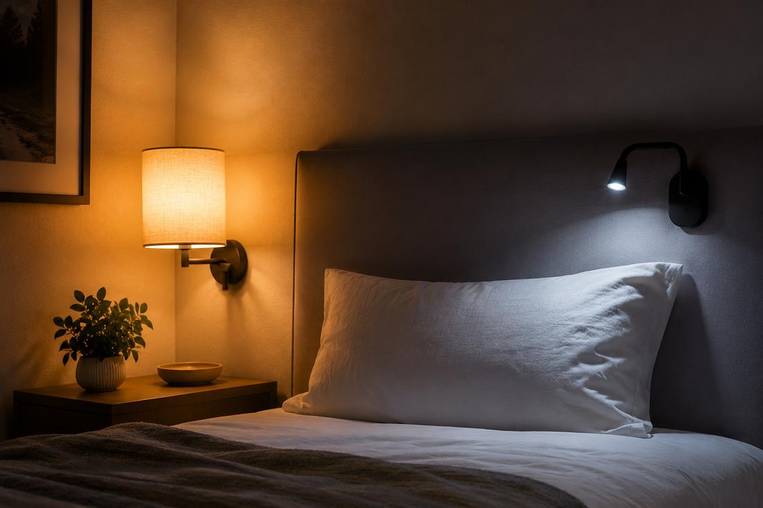 Bedroom corner comparing warm and cool light temperatures