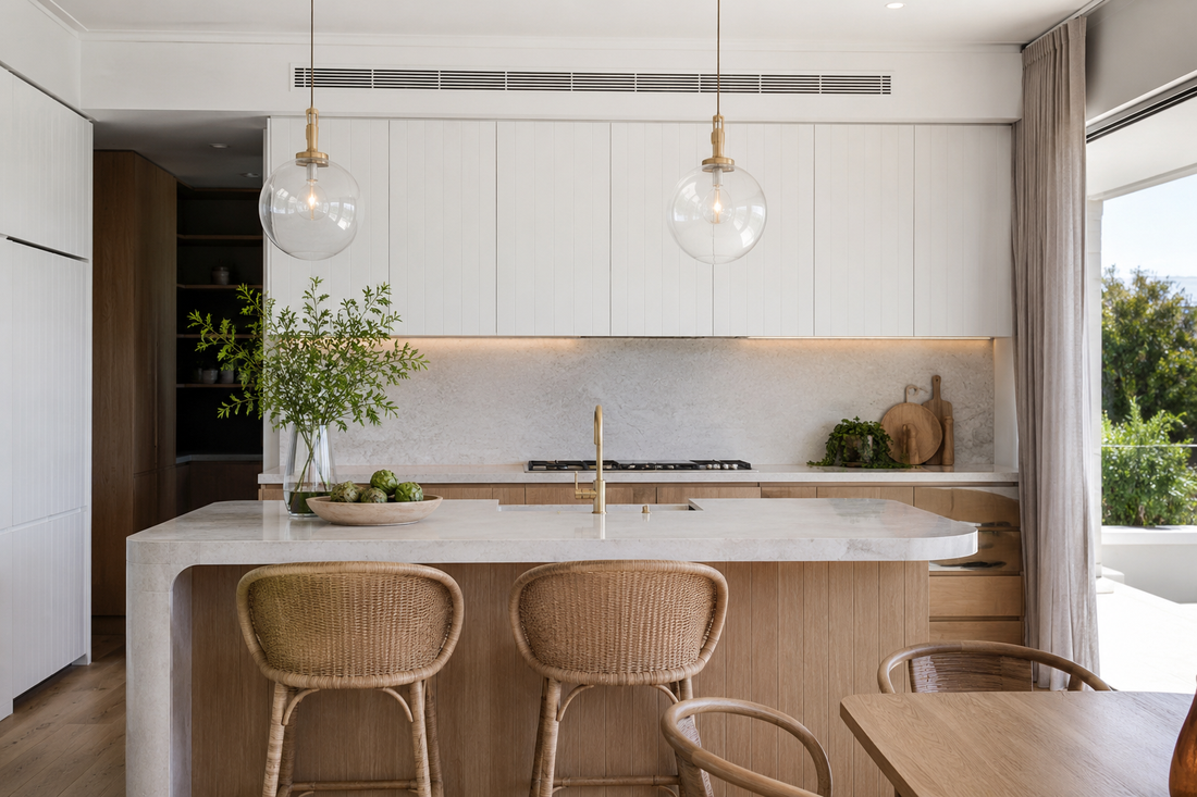 Modern kitchen island with two glass pendant lights