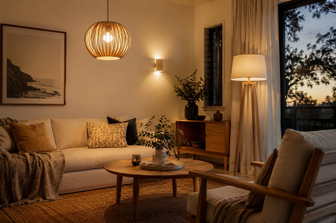 Australian living room at dusk with layered pendant, wall and floor lighting
