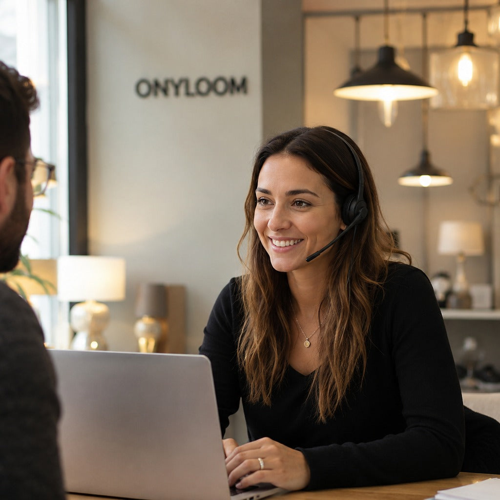 ONYLOOM customer support specialist helping a customer in the lighting showroom
